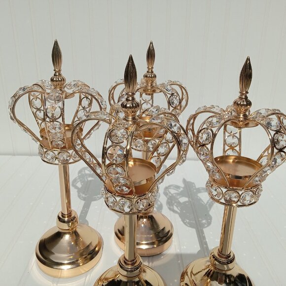 Golden Crown Candlesticks Crystal Candle Holders Tealights SET OF 4 Princess - Picture 8 of 16